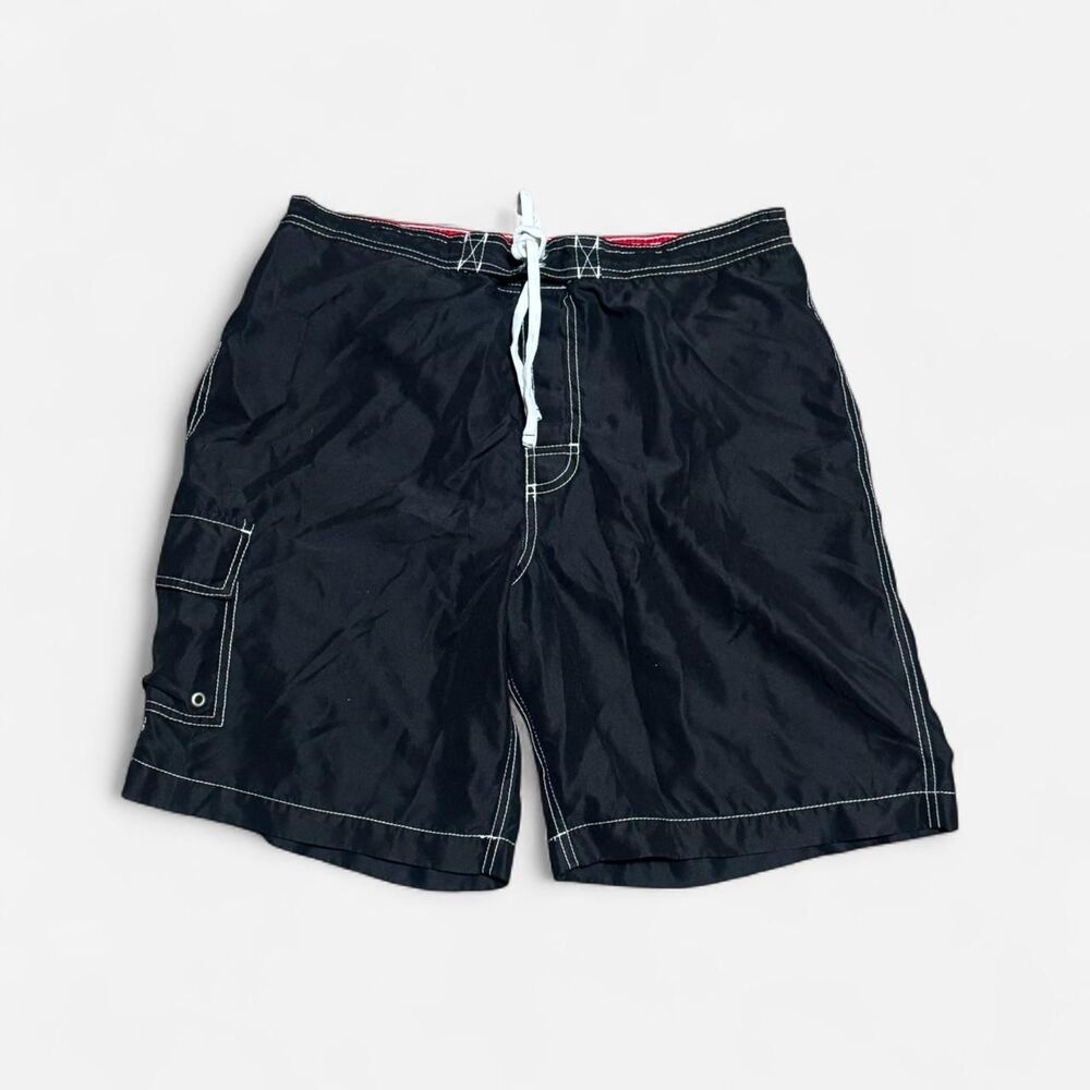 Merona black large size swimming shorts with white stitching and red lining